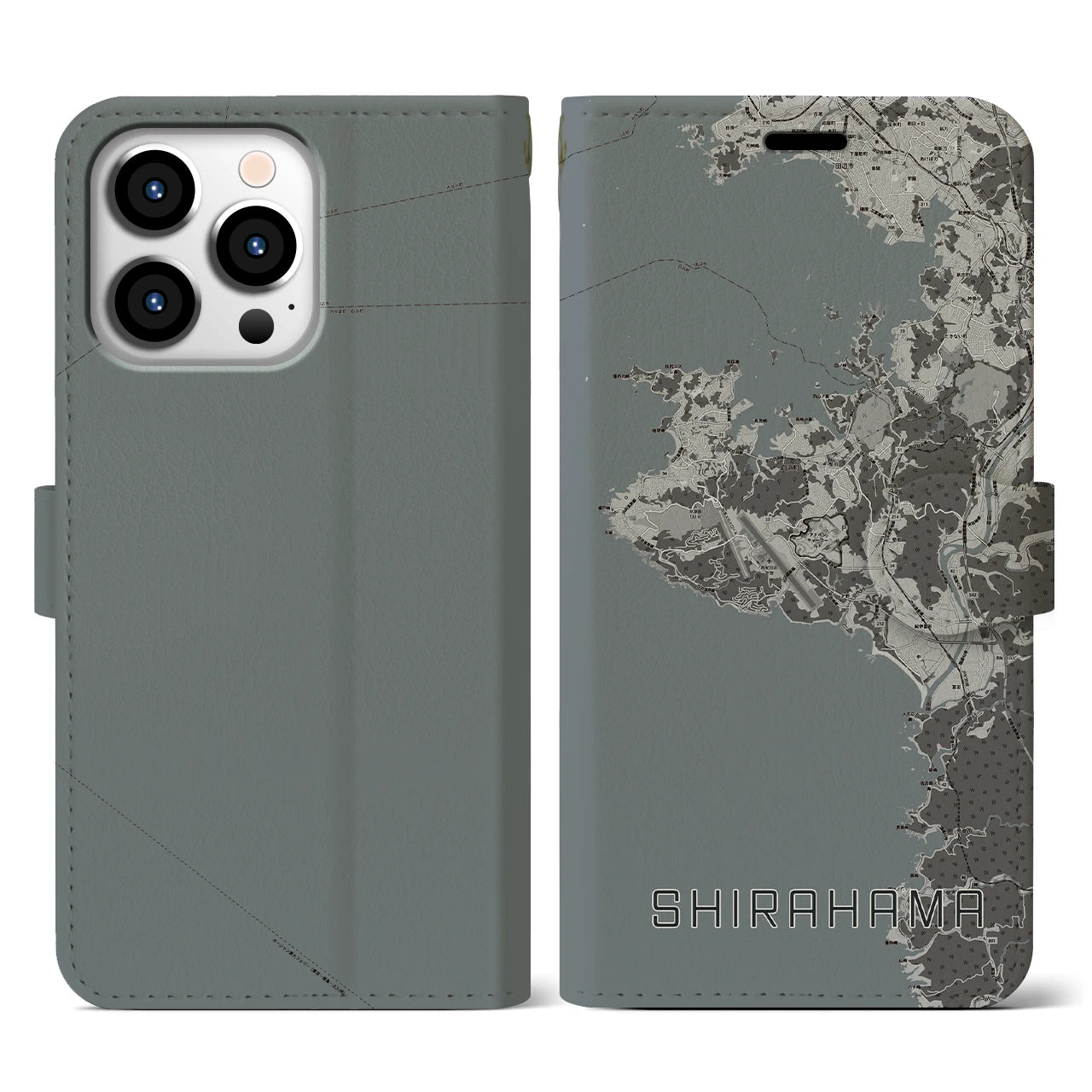 【白浜(和歌山県)】地図柄iPhoneケース(手帳タイプ)モノトーン・iPhone 13 Pro 用