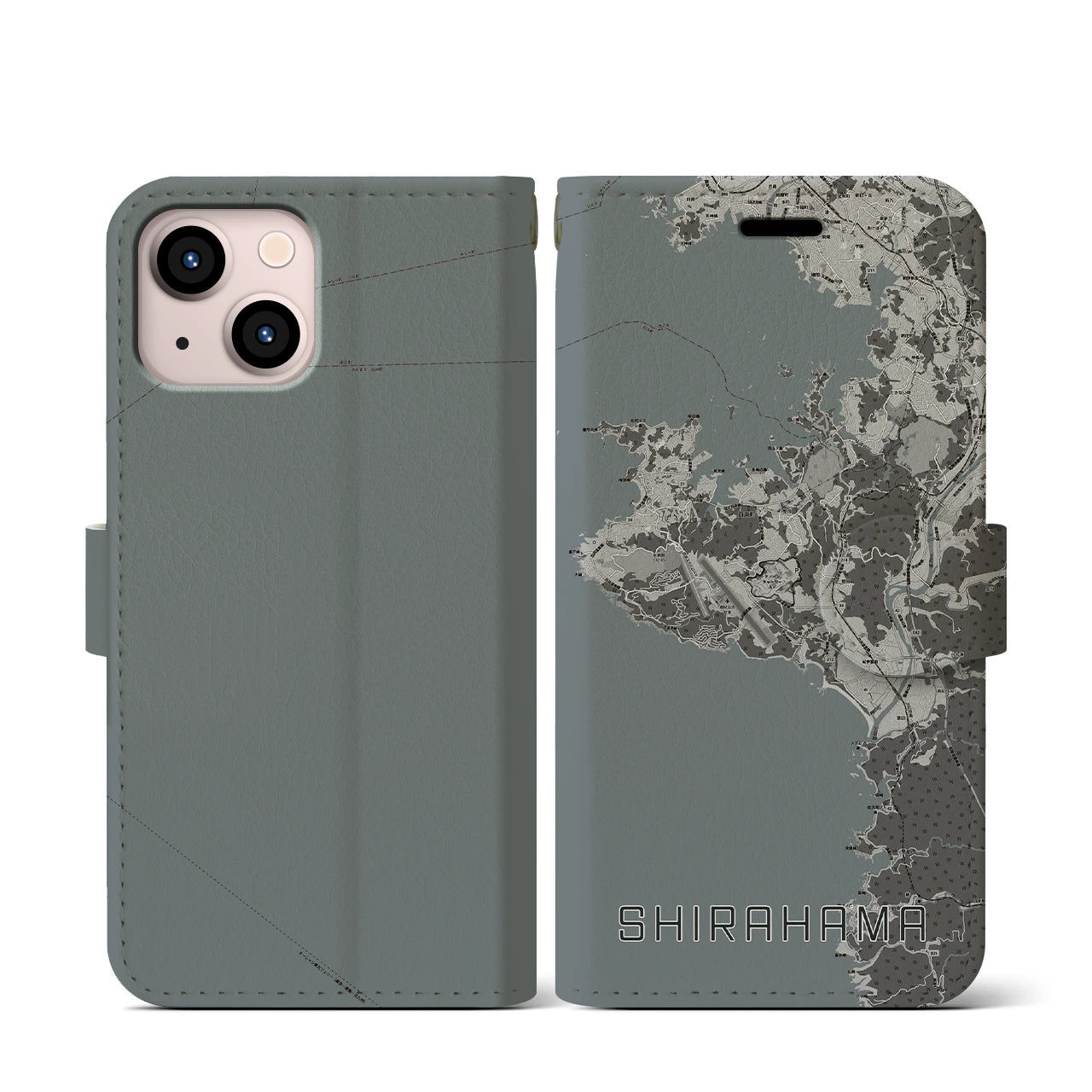 【白浜(和歌山県)】地図柄iPhoneケース(手帳タイプ)モノトーン・iPhone 13 mini 用