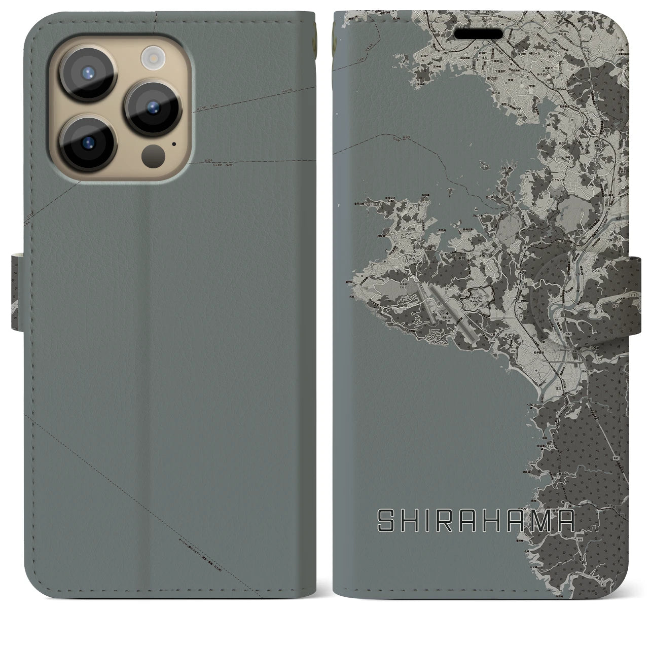 【白浜(和歌山県)】地図柄iPhoneケース(手帳タイプ)モノトーン・iPhone 14 Pro Max 用