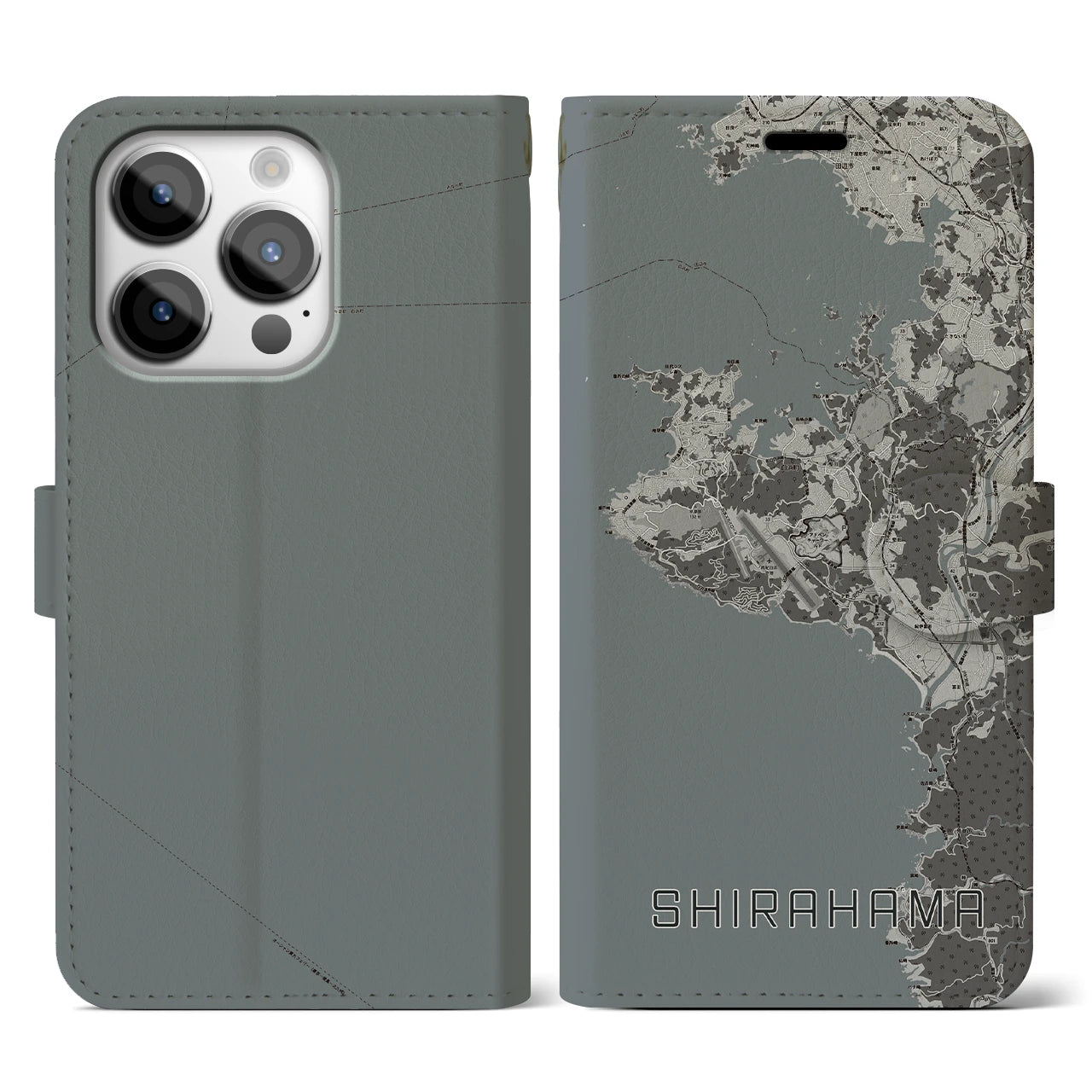 【白浜(和歌山県)】地図柄iPhoneケース(手帳タイプ)モノトーン・iPhone 14 Pro 用