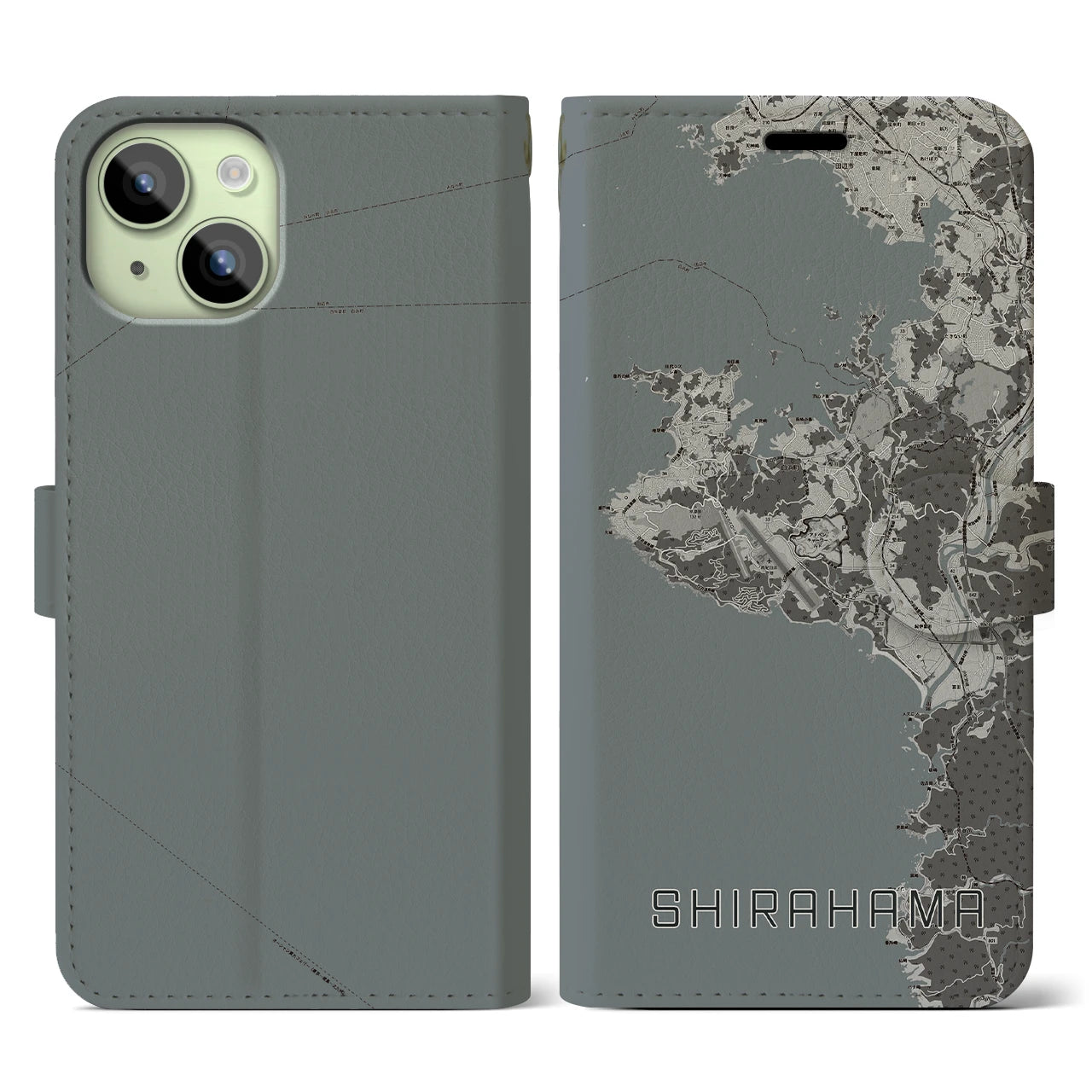 【白浜(和歌山県)】地図柄iPhoneケース(手帳タイプ)モノトーン・iPhone 15 用