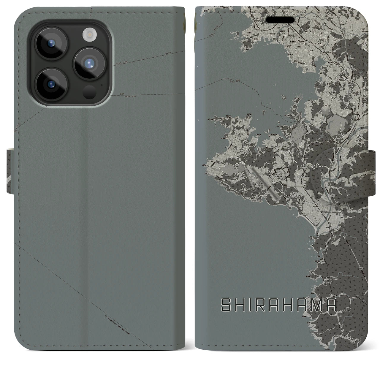 【白浜(和歌山県)】地図柄iPhoneケース(手帳タイプ)モノトーン・iPhone 15 Pro Max 用