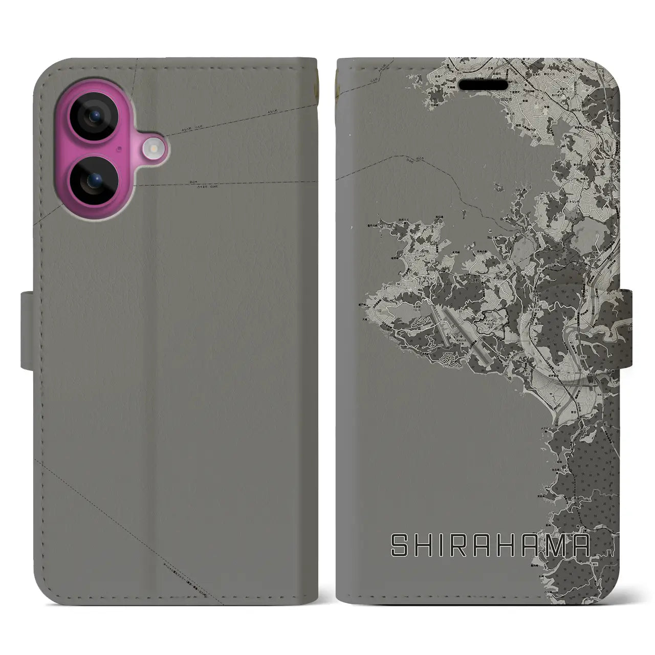 【白浜(和歌山県)】地図柄iPhoneケース(手帳タイプ)モノトーン・iPhone 16 Pro 用