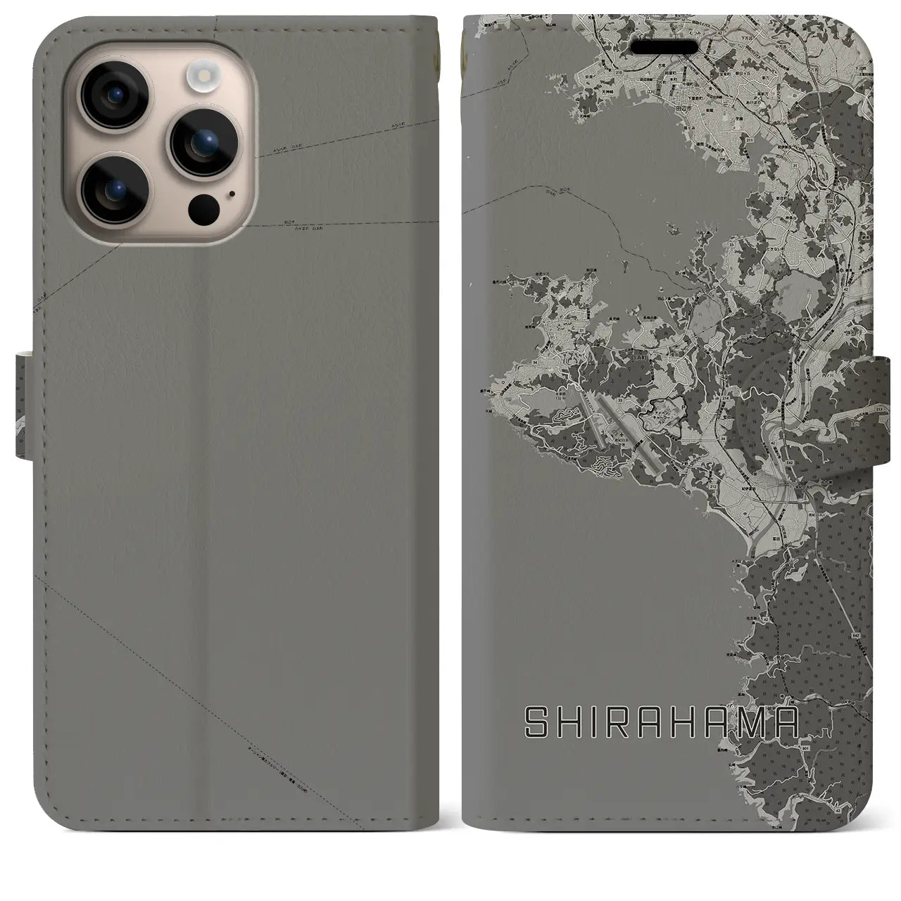 【白浜(和歌山県)】地図柄iPhoneケース(手帳タイプ)モノトーン・iPhone 16 Plus 用