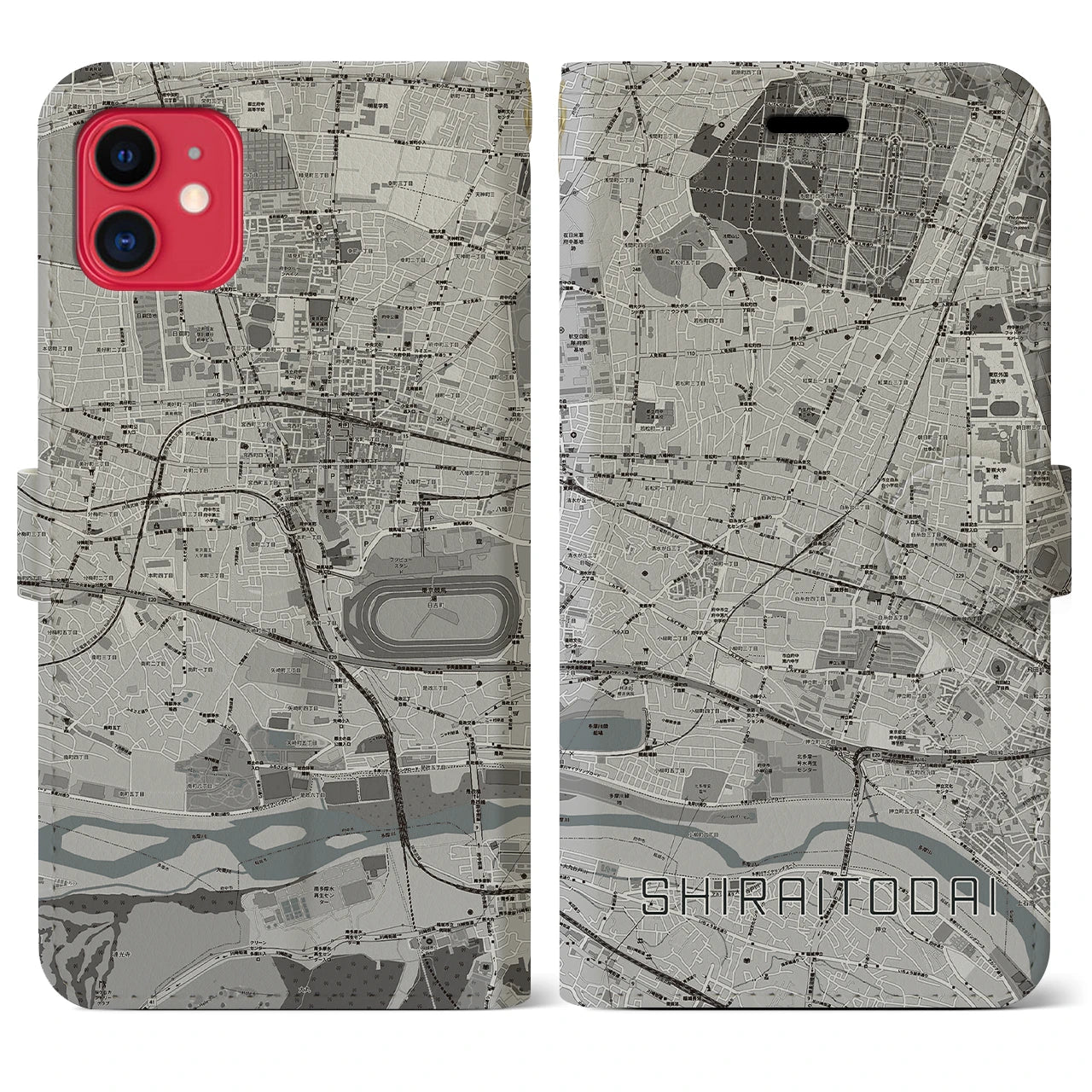 【白糸台(東京都)】地図柄iPhoneケース(手帳タイプ)モノトーン・iPhone 11 用