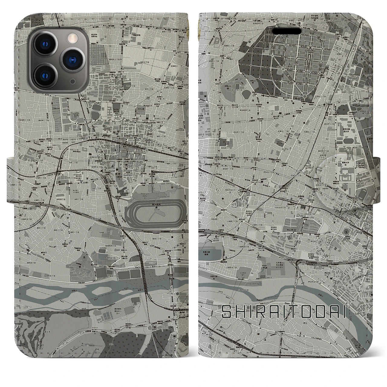 【白糸台(東京都)】地図柄iPhoneケース(手帳タイプ)モノトーン・iPhone 11 Pro Max 用