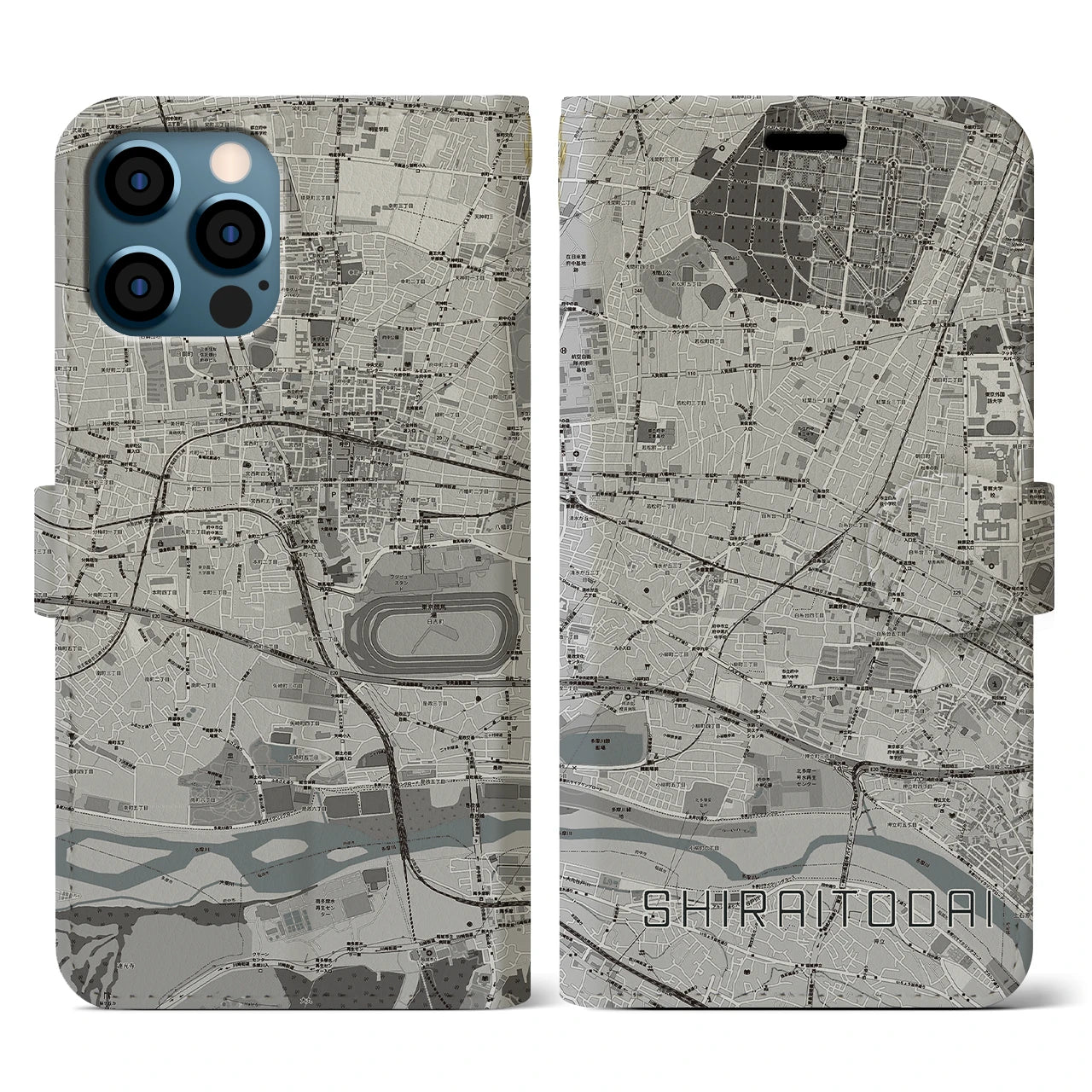 【白糸台(東京都)】地図柄iPhoneケース(手帳タイプ)モノトーン・iPhone 12 / 12 Pro 用