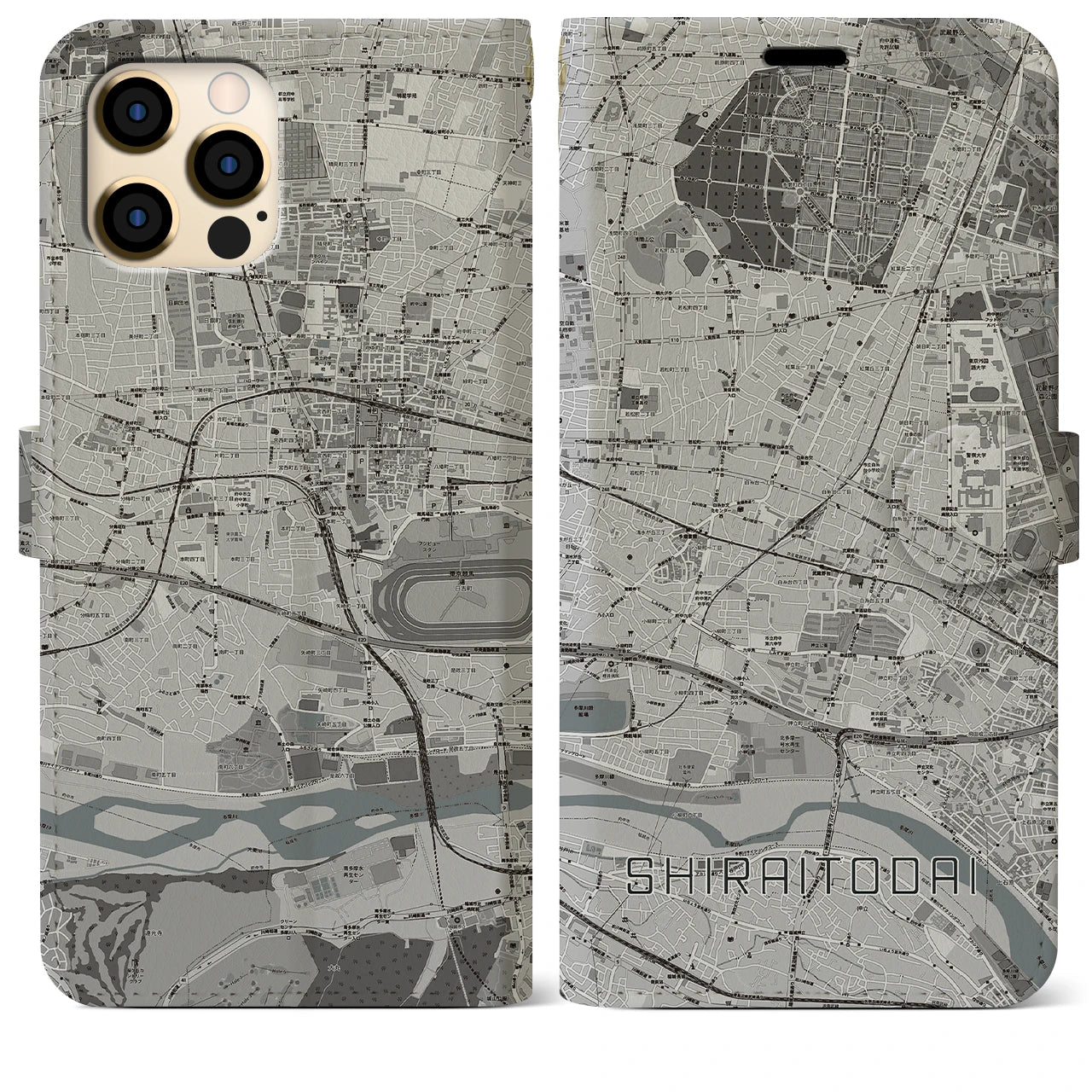 【白糸台(東京都)】地図柄iPhoneケース(手帳タイプ)モノトーン・iPhone 12 Pro Max 用