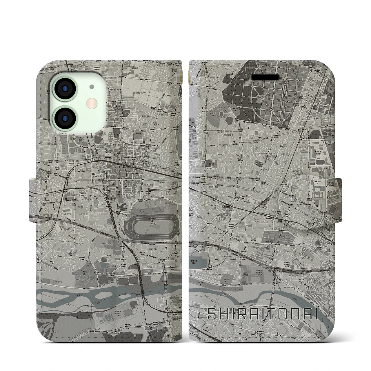【白糸台(東京都)】地図柄iPhoneケース(手帳タイプ)モノトーン・iPhone 12 mini 用