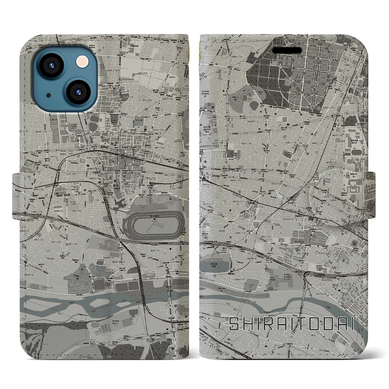 【白糸台(東京都)】地図柄iPhoneケース(手帳タイプ)モノトーン・iPhone 13 用