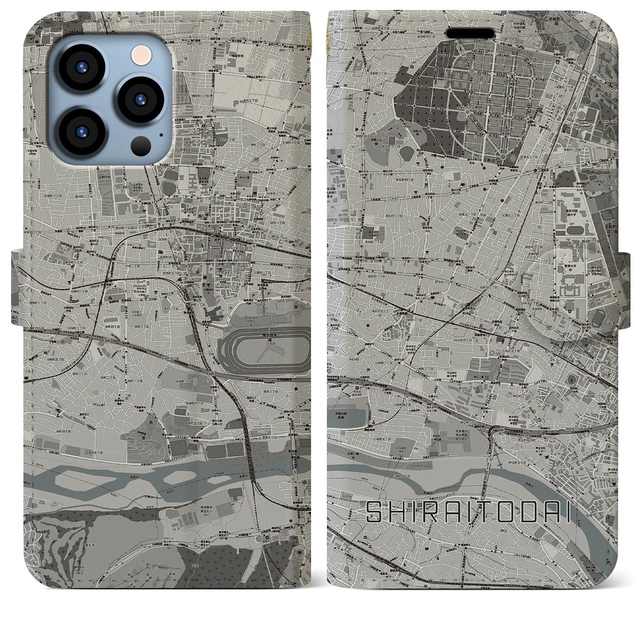【白糸台(東京都)】地図柄iPhoneケース(手帳タイプ)モノトーン・iPhone 13 Pro Max 用