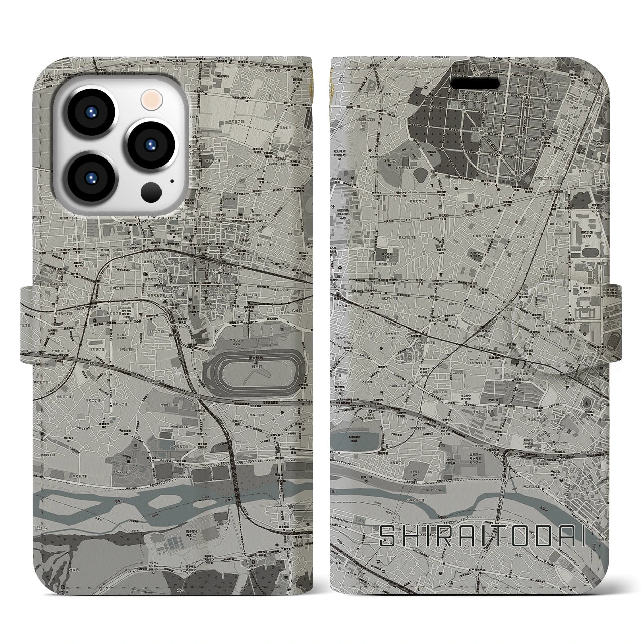 【白糸台(東京都)】地図柄iPhoneケース(手帳タイプ)モノトーン・iPhone 13 Pro 用