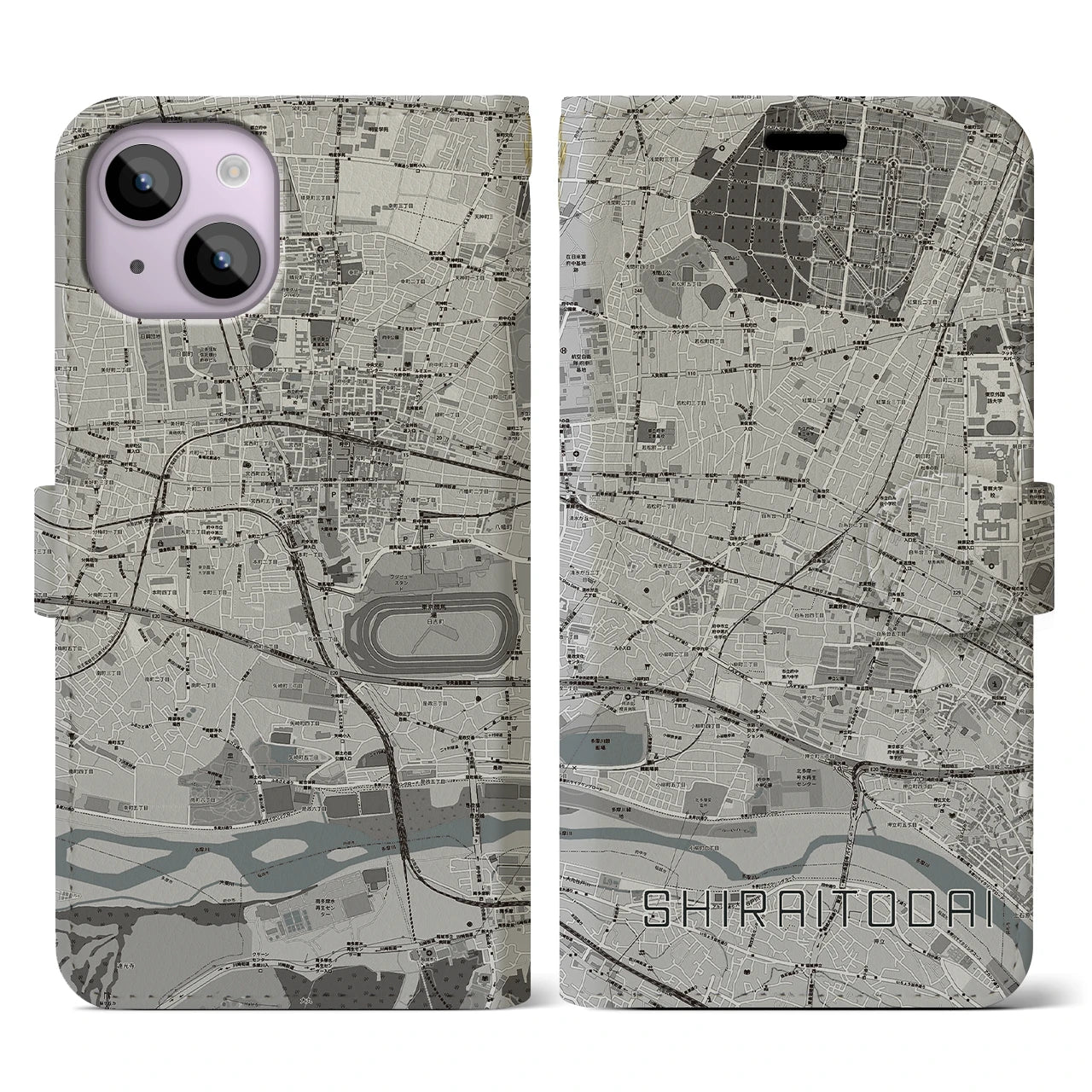 【白糸台(東京都)】地図柄iPhoneケース(手帳タイプ)モノトーン・iPhone 14 用