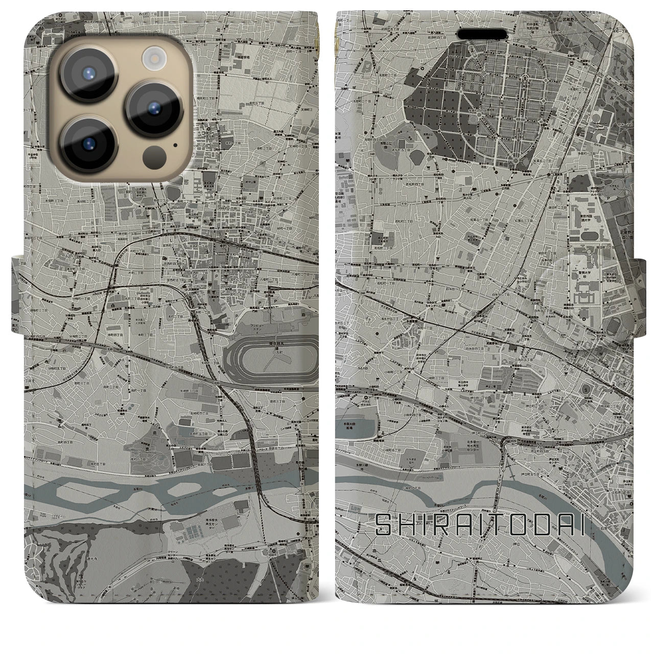 【白糸台(東京都)】地図柄iPhoneケース(手帳タイプ)モノトーン・iPhone 14 Pro Max 用