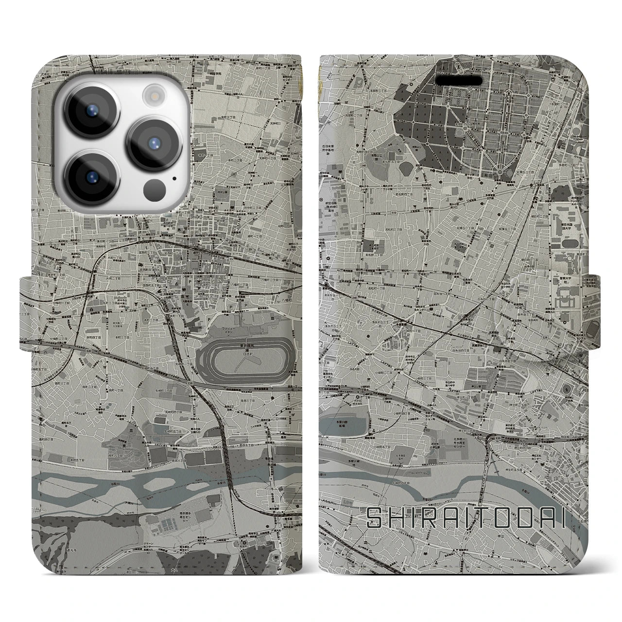 【白糸台(東京都)】地図柄iPhoneケース(手帳タイプ)モノトーン・iPhone 14 Pro 用