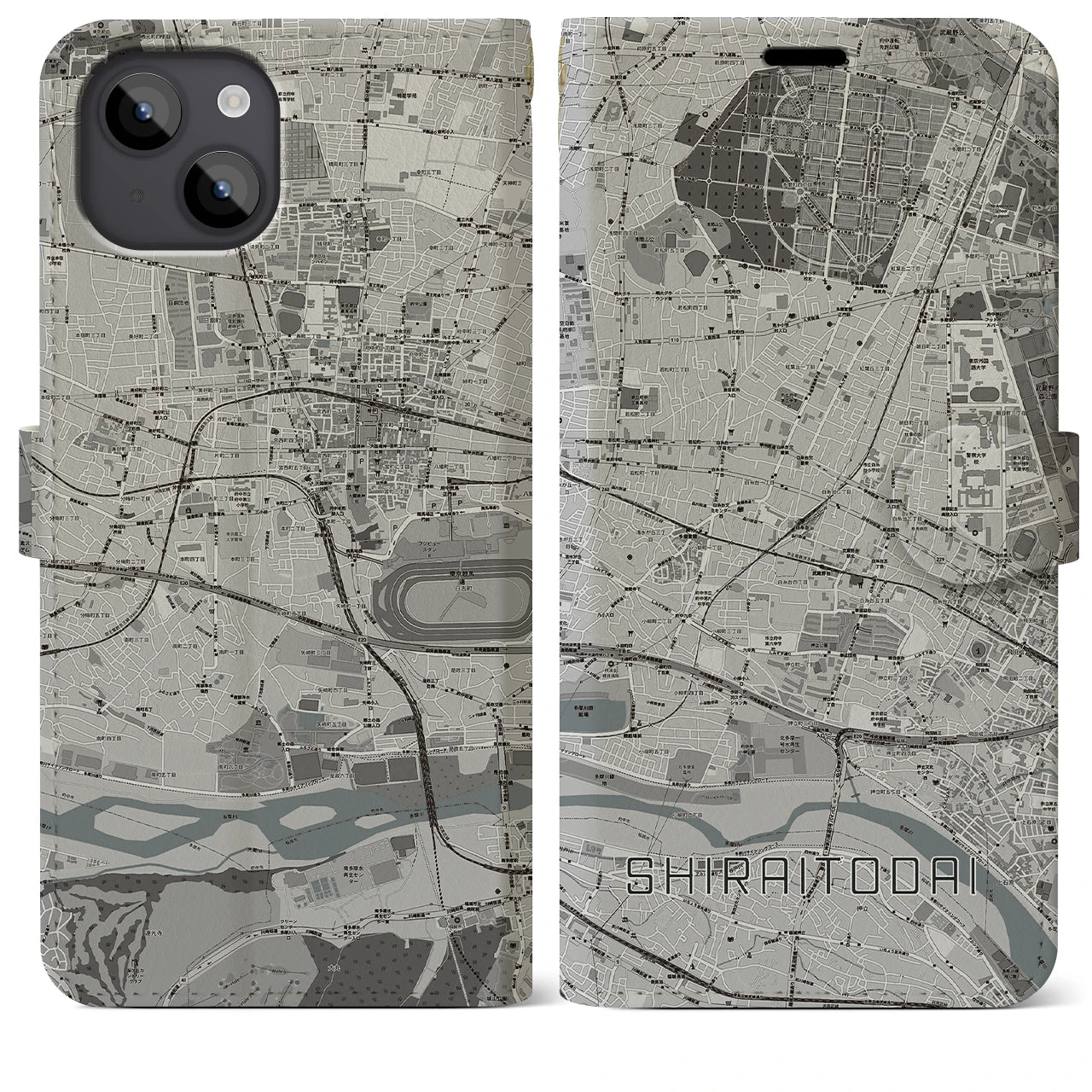 【白糸台(東京都)】地図柄iPhoneケース(手帳タイプ)モノトーン・iPhone 14 Plus 用