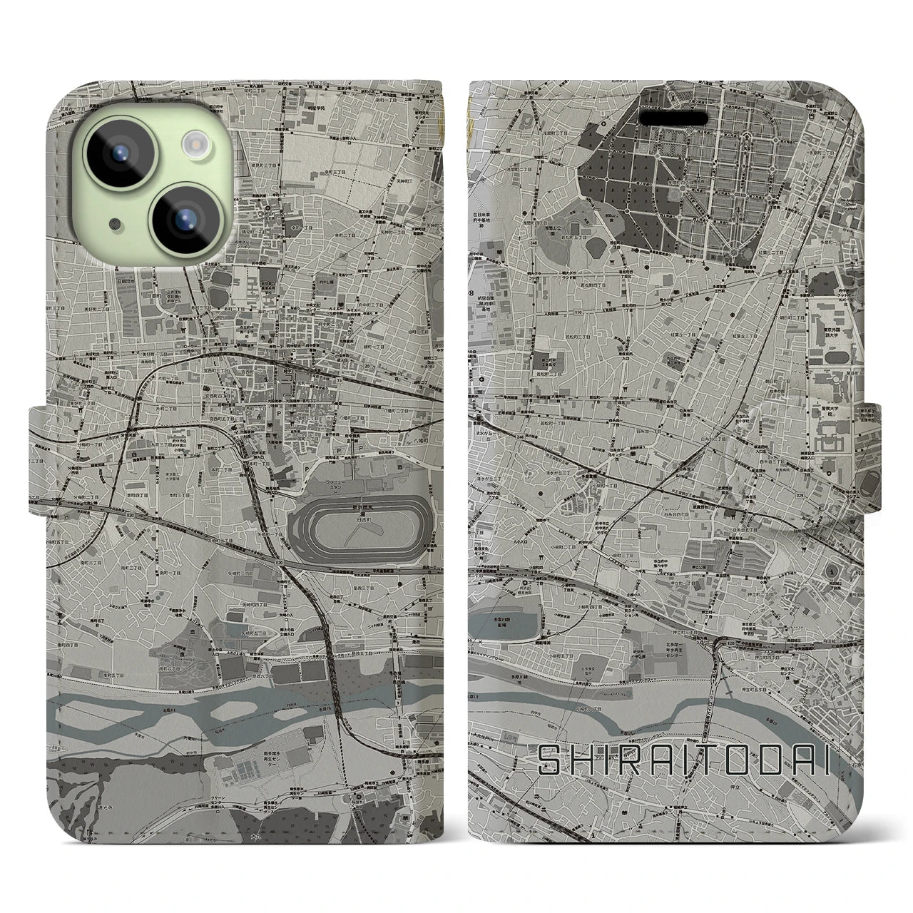 【白糸台(東京都)】地図柄iPhoneケース(手帳タイプ)モノトーン・iPhone 15 用