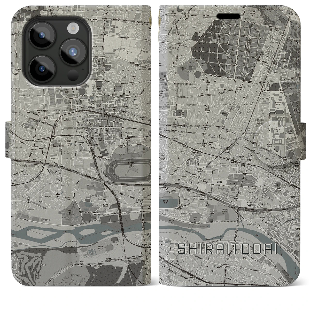 【白糸台(東京都)】地図柄iPhoneケース(手帳タイプ)モノトーン・iPhone 15 Pro Max 用