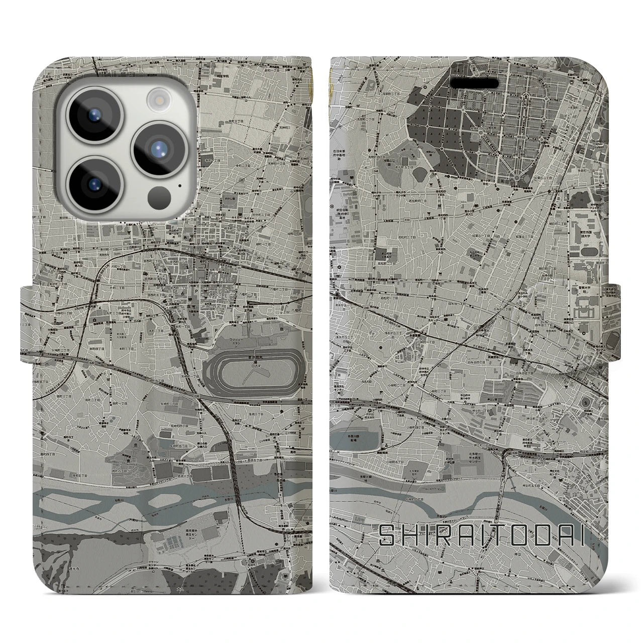 【白糸台(東京都)】地図柄iPhoneケース(手帳タイプ)モノトーン・iPhone 15 Pro 用