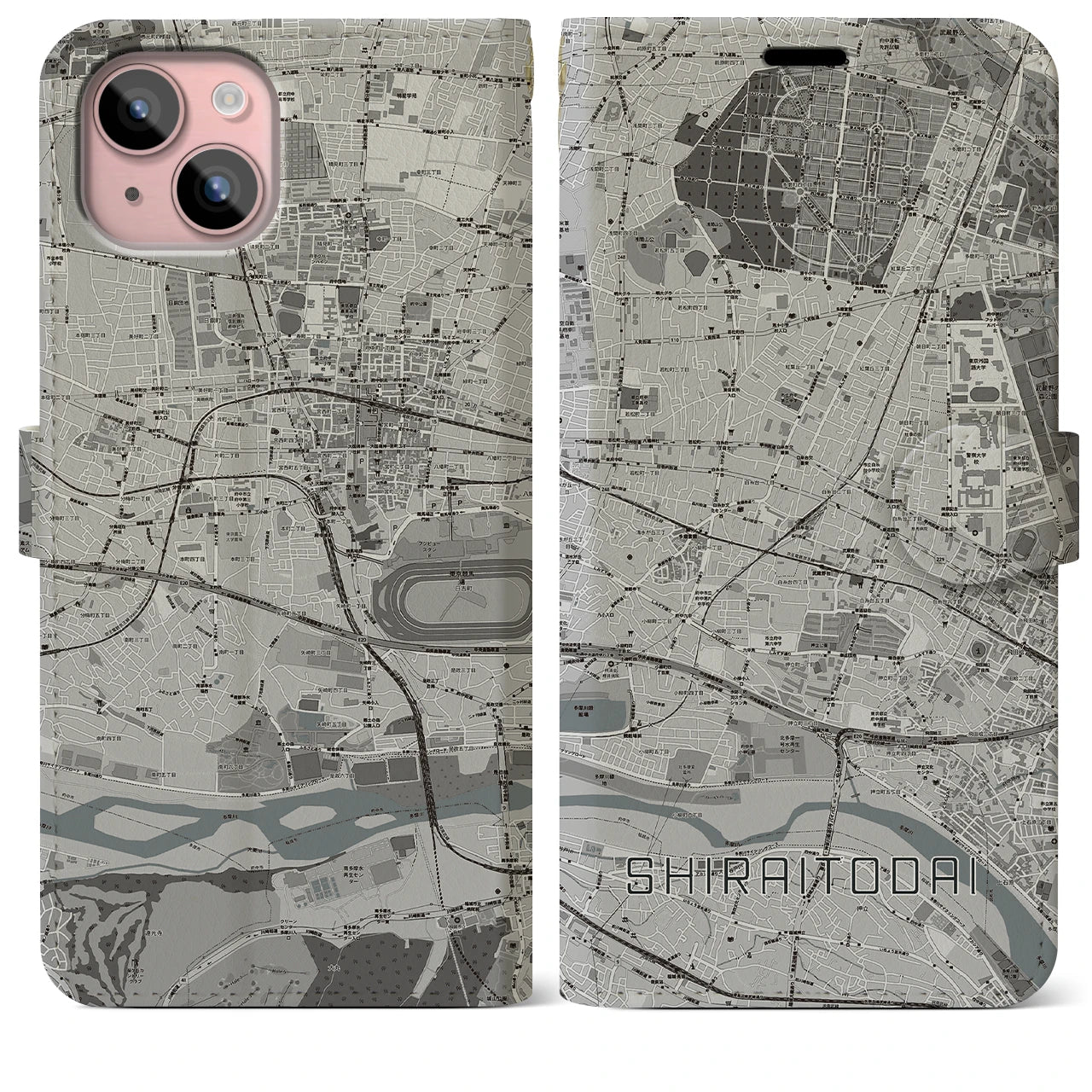 【白糸台(東京都)】地図柄iPhoneケース(手帳タイプ)モノトーン・iPhone 15 Plus 用