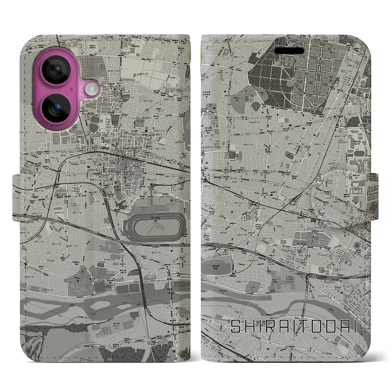 【白糸台(東京都)】地図柄iPhoneケース(手帳タイプ)モノトーン・iPhone 16 Pro 用