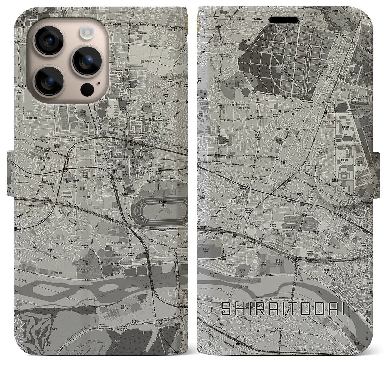 【白糸台(東京都)】地図柄iPhoneケース(手帳タイプ)モノトーン・iPhone 16 Plus 用