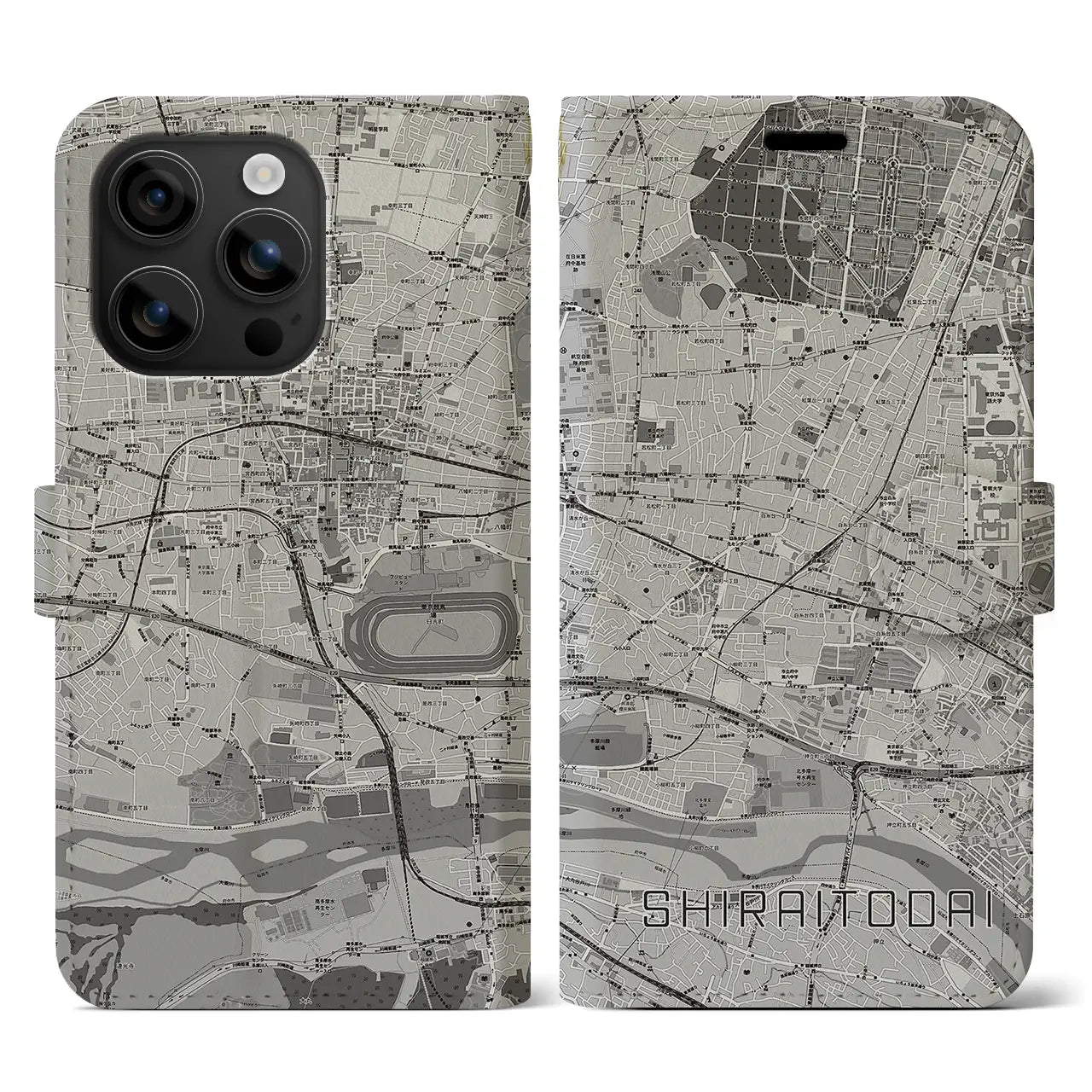 【白糸台(東京都)】地図柄iPhoneケース(手帳タイプ)モノトーン・iPhone 16 用