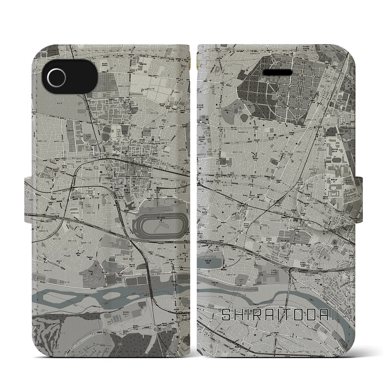 【白糸台(東京都)】地図柄iPhoneケース(手帳タイプ)モノトーン・iPhone SE(第3 / 第2世代) / 8 / 7 / 6s / 6 用