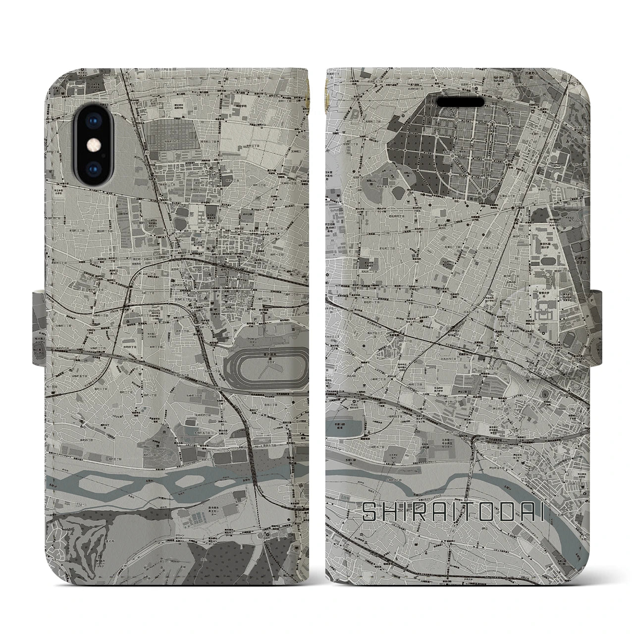 【白糸台(東京都)】地図柄iPhoneケース(手帳タイプ)モノトーン・iPhone XS / X 用