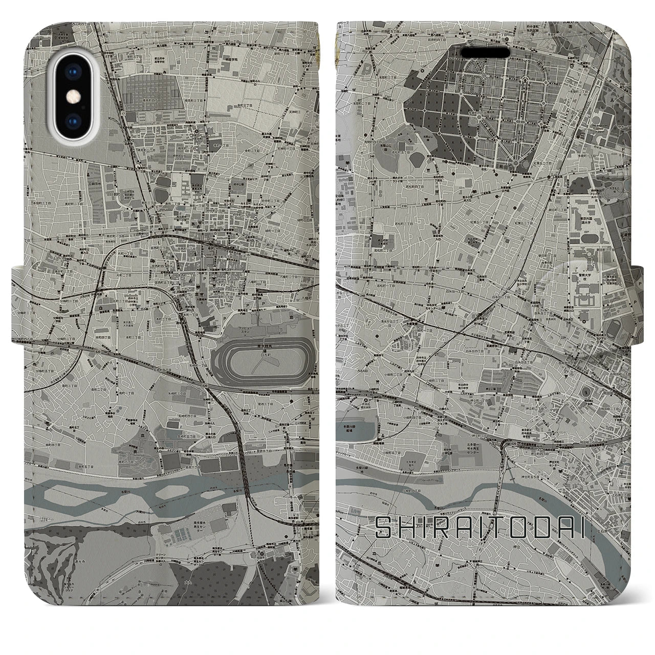【白糸台(東京都)】地図柄iPhoneケース(手帳タイプ)モノトーン・iPhone XS Max 用