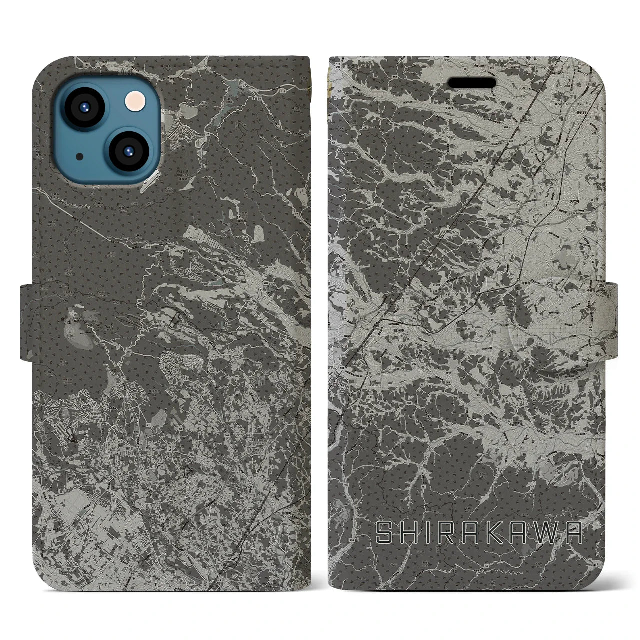 【白河(福島県)】地図柄iPhoneケース(手帳タイプ)モノトーン・iPhone 13 用