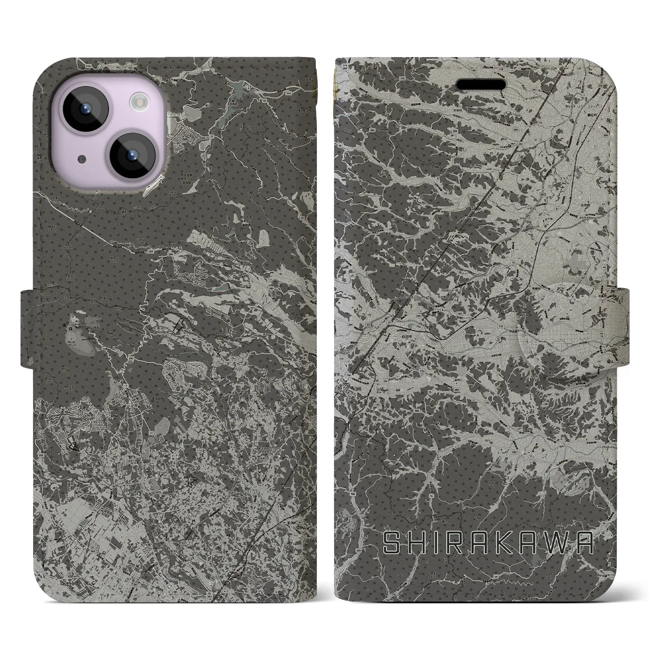 【白河(福島県)】地図柄iPhoneケース(手帳タイプ)モノトーン・iPhone 14 用