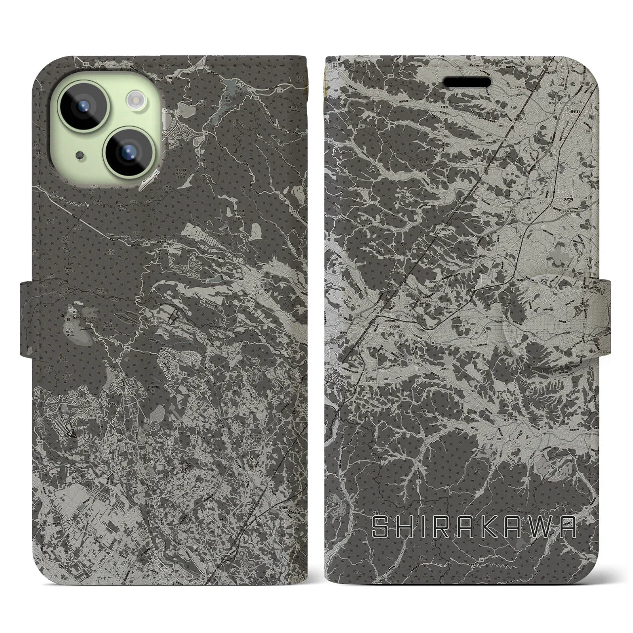 【白河(福島県)】地図柄iPhoneケース(手帳タイプ)モノトーン・iPhone 15 用