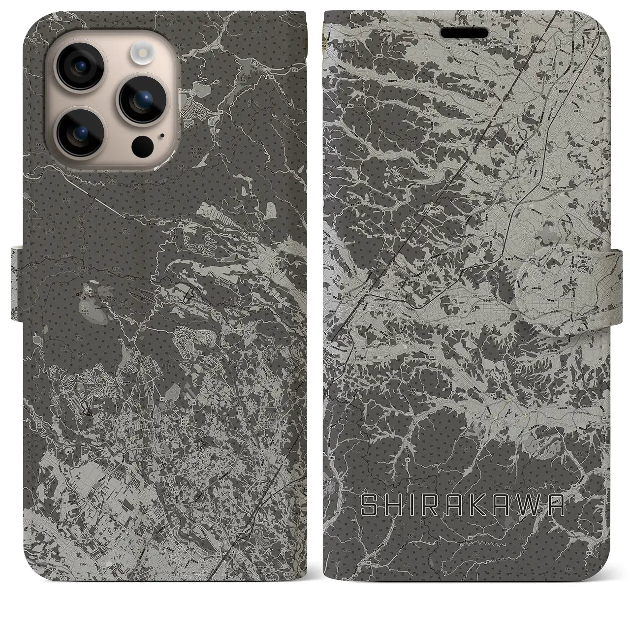 【白河(福島県)】地図柄iPhoneケース(手帳タイプ)モノトーン・iPhone 16 Plus 用