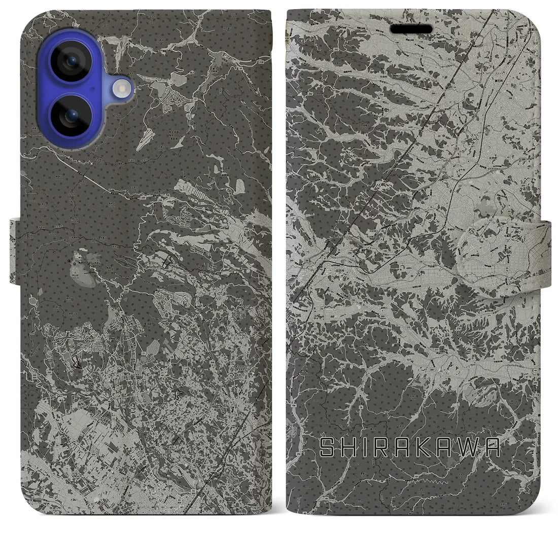 【白河(福島県)】地図柄iPhoneケース(手帳タイプ)モノトーン・iPhone 16 Pro Max 用