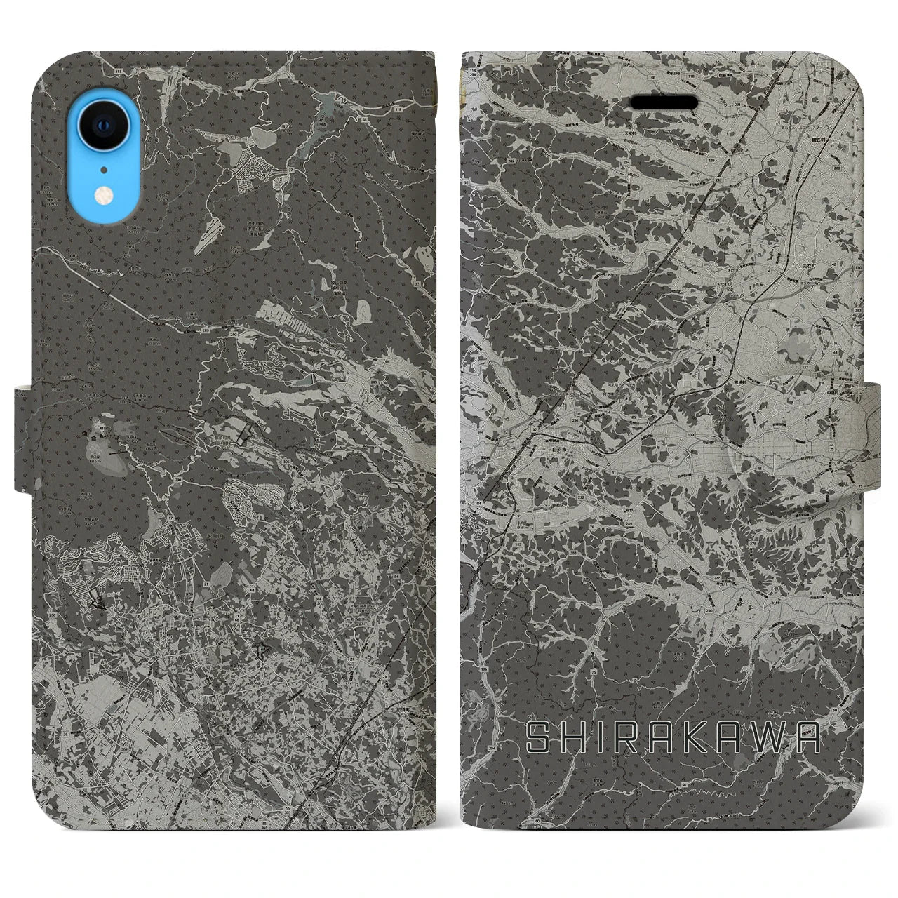 【白河(福島県)】地図柄iPhoneケース(手帳タイプ)モノトーン・iPhone XR 用