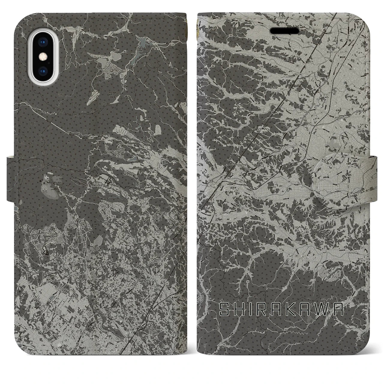 【白河(福島県)】地図柄iPhoneケース(手帳タイプ)モノトーン・iPhone XS Max 用