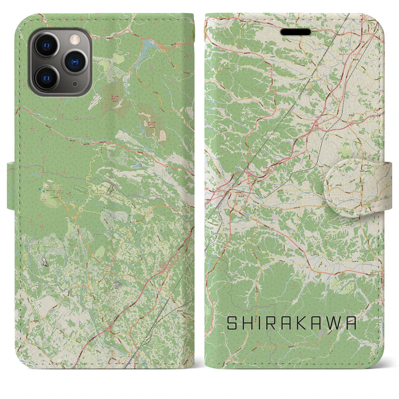 【白河(福島県)】地図柄iPhoneケース(手帳タイプ)ナチュラル・iPhone 11 Pro Max 用