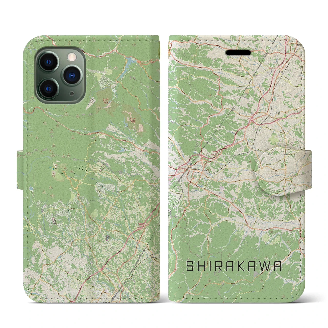 【白河(福島県)】地図柄iPhoneケース(手帳タイプ)ナチュラル・iPhone 11 Pro 用