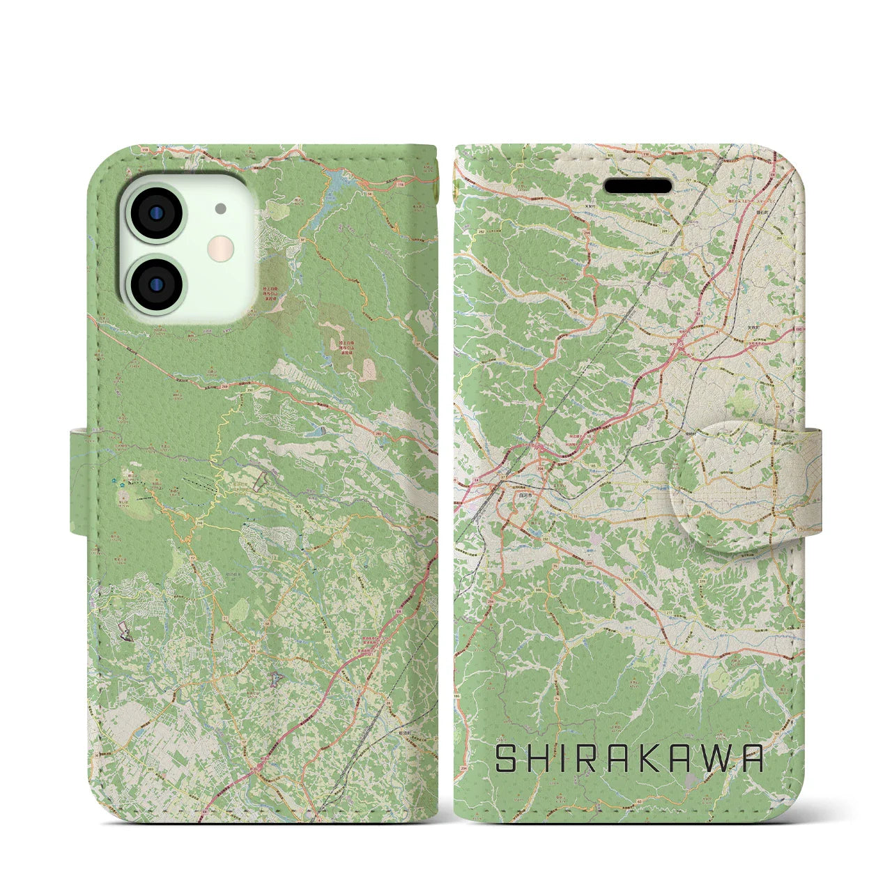 【白河(福島県)】地図柄iPhoneケース(手帳タイプ)ナチュラル・iPhone 12 mini 用