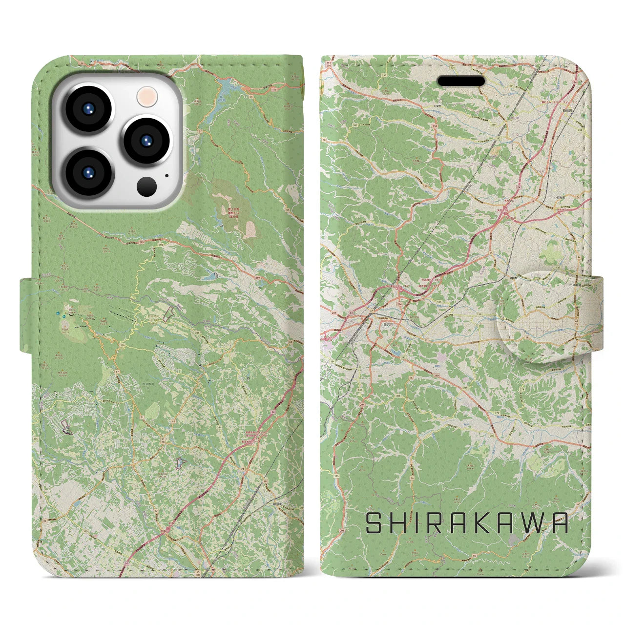 【白河(福島県)】地図柄iPhoneケース(手帳タイプ)ナチュラル・iPhone 13 Pro 用