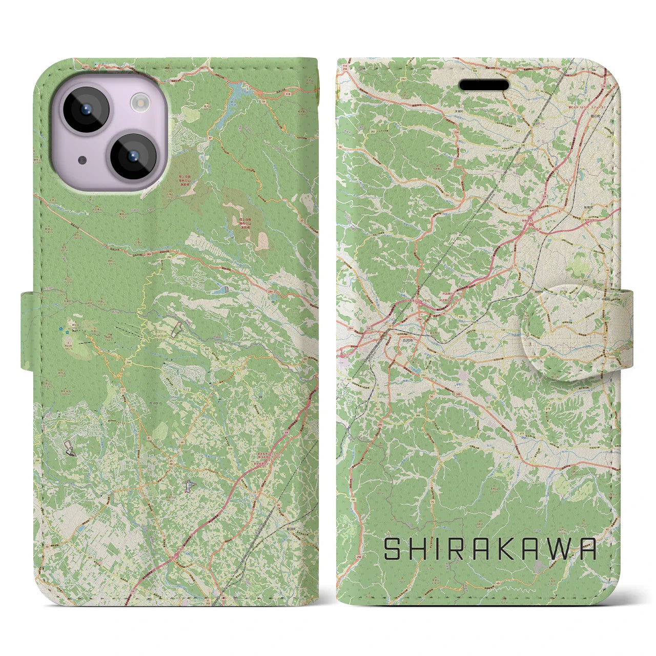 【白河(福島県)】地図柄iPhoneケース(手帳タイプ)ナチュラル・iPhone 14 用