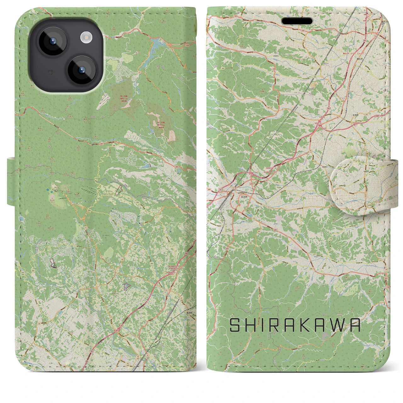 【白河(福島県)】地図柄iPhoneケース(手帳タイプ)ナチュラル・iPhone 14 Plus 用