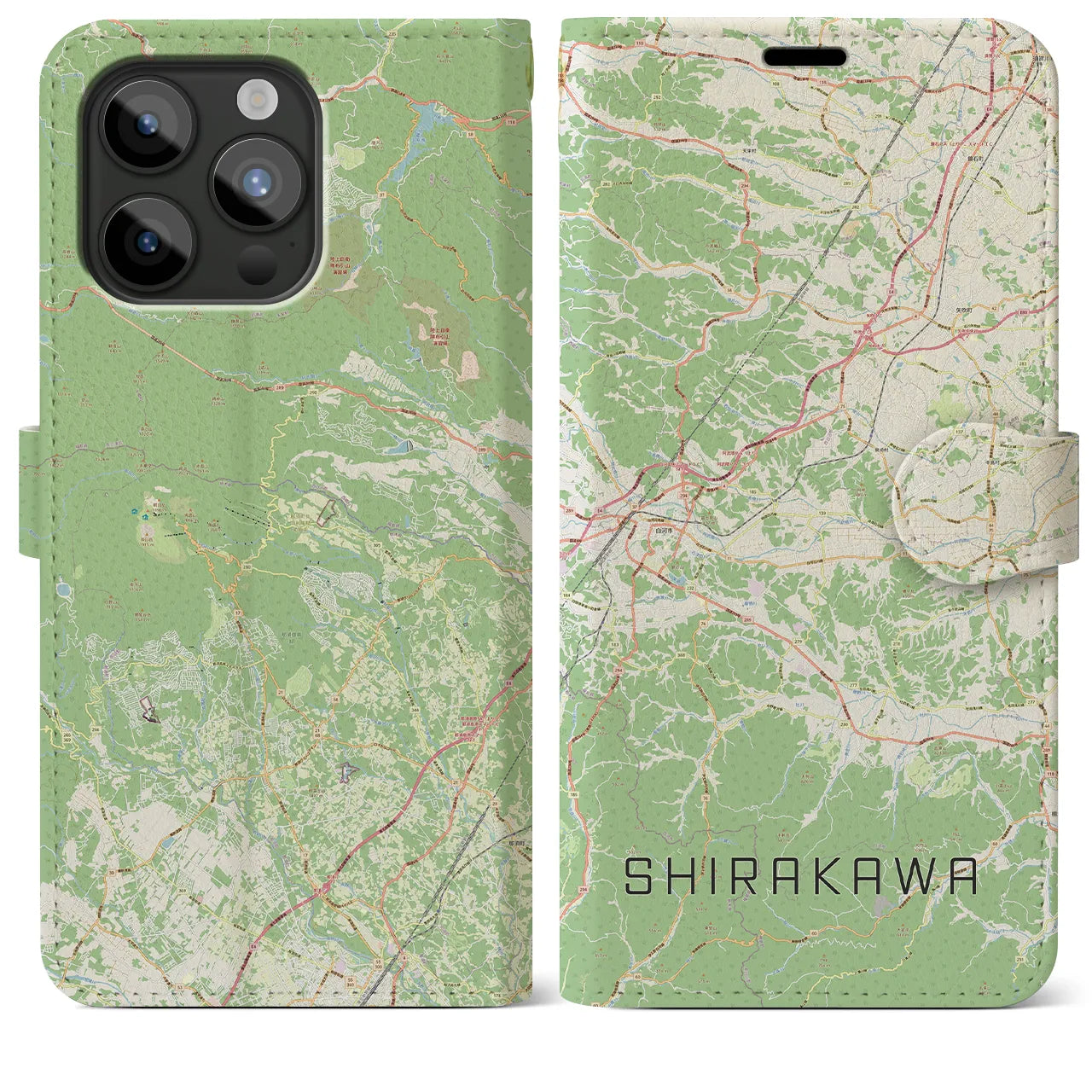【白河(福島県)】地図柄iPhoneケース(手帳タイプ)ナチュラル・iPhone 15 Pro Max 用