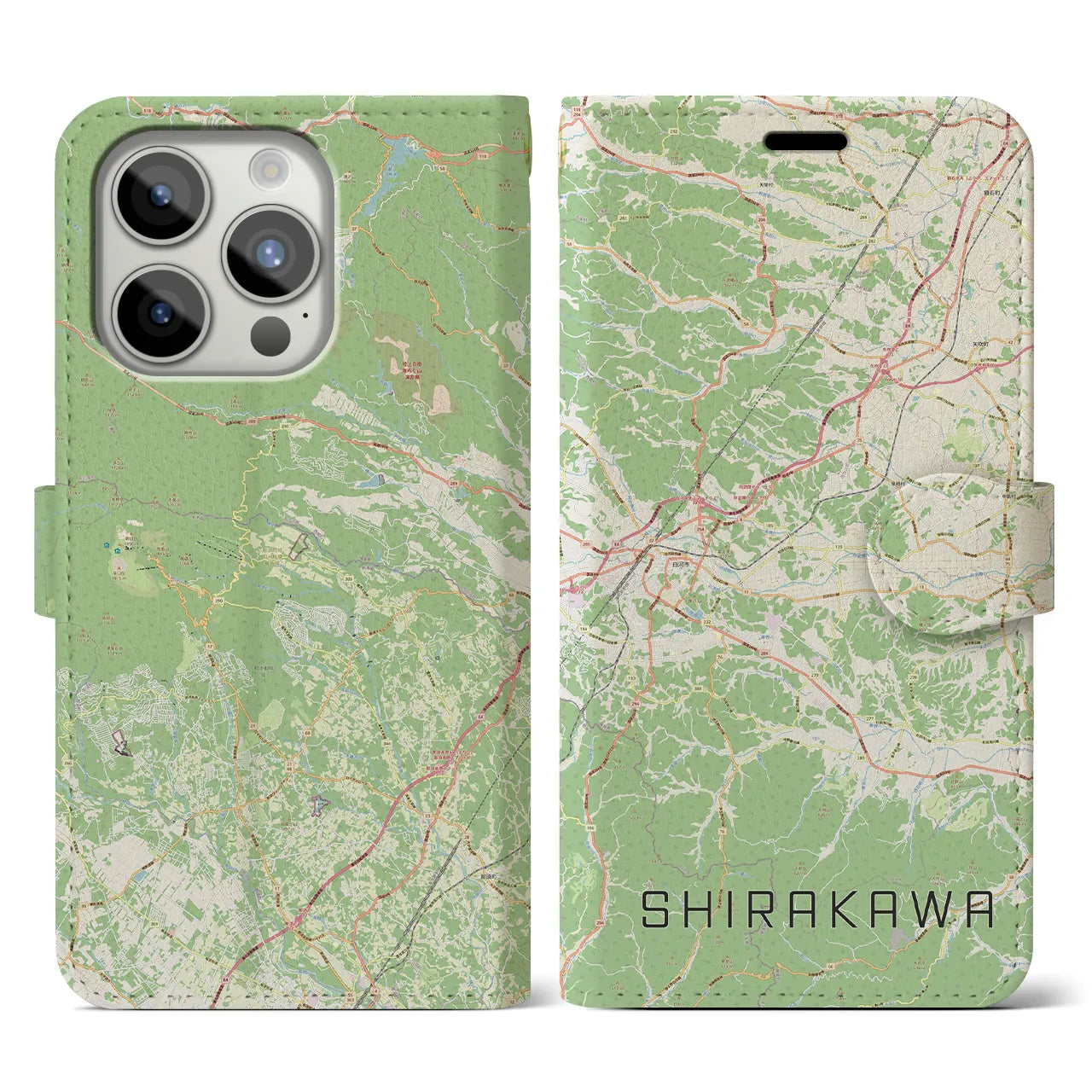 【白河(福島県)】地図柄iPhoneケース(手帳タイプ)ナチュラル・iPhone 15 Pro 用