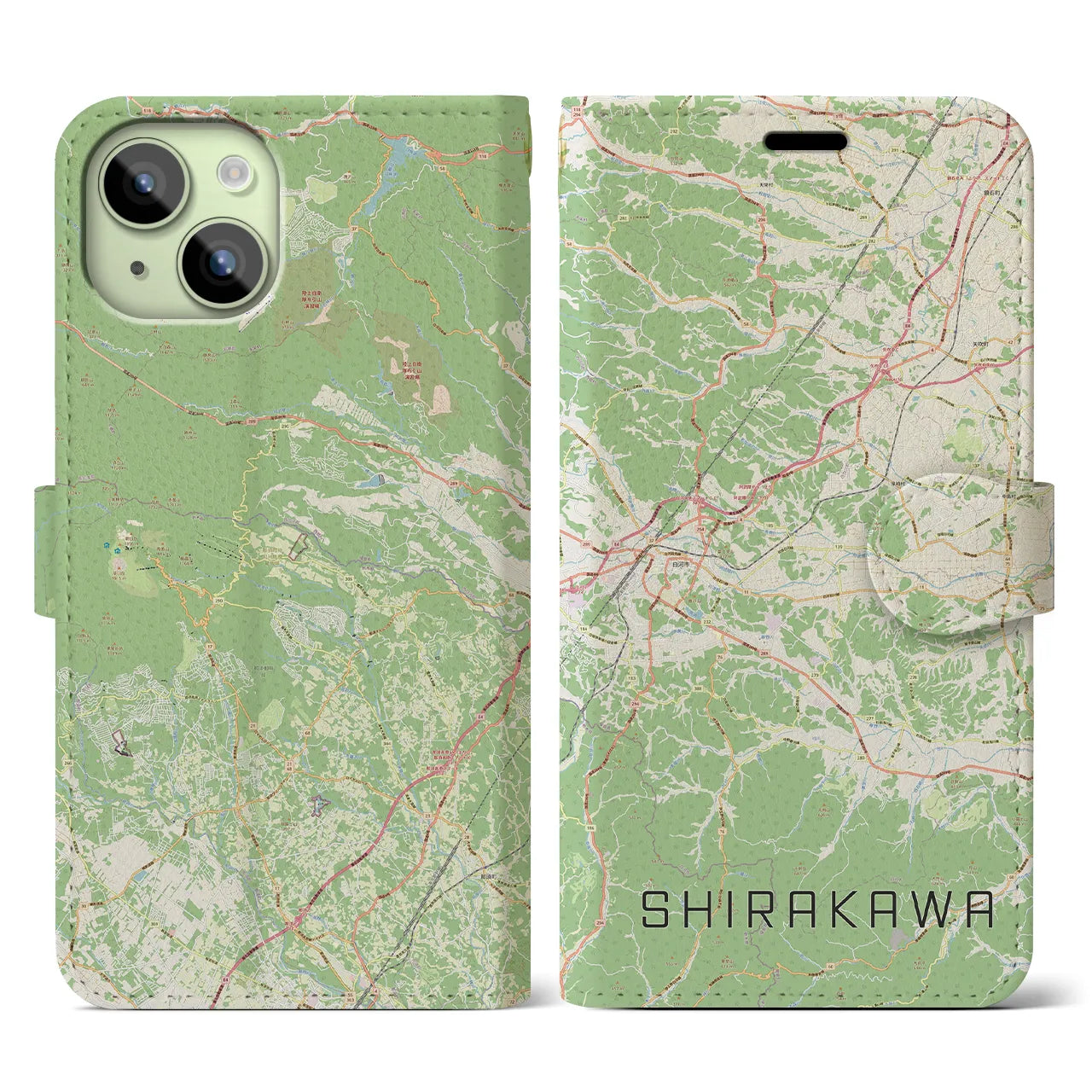 【白河(福島県)】地図柄iPhoneケース(手帳タイプ)ナチュラル・iPhone 15 用