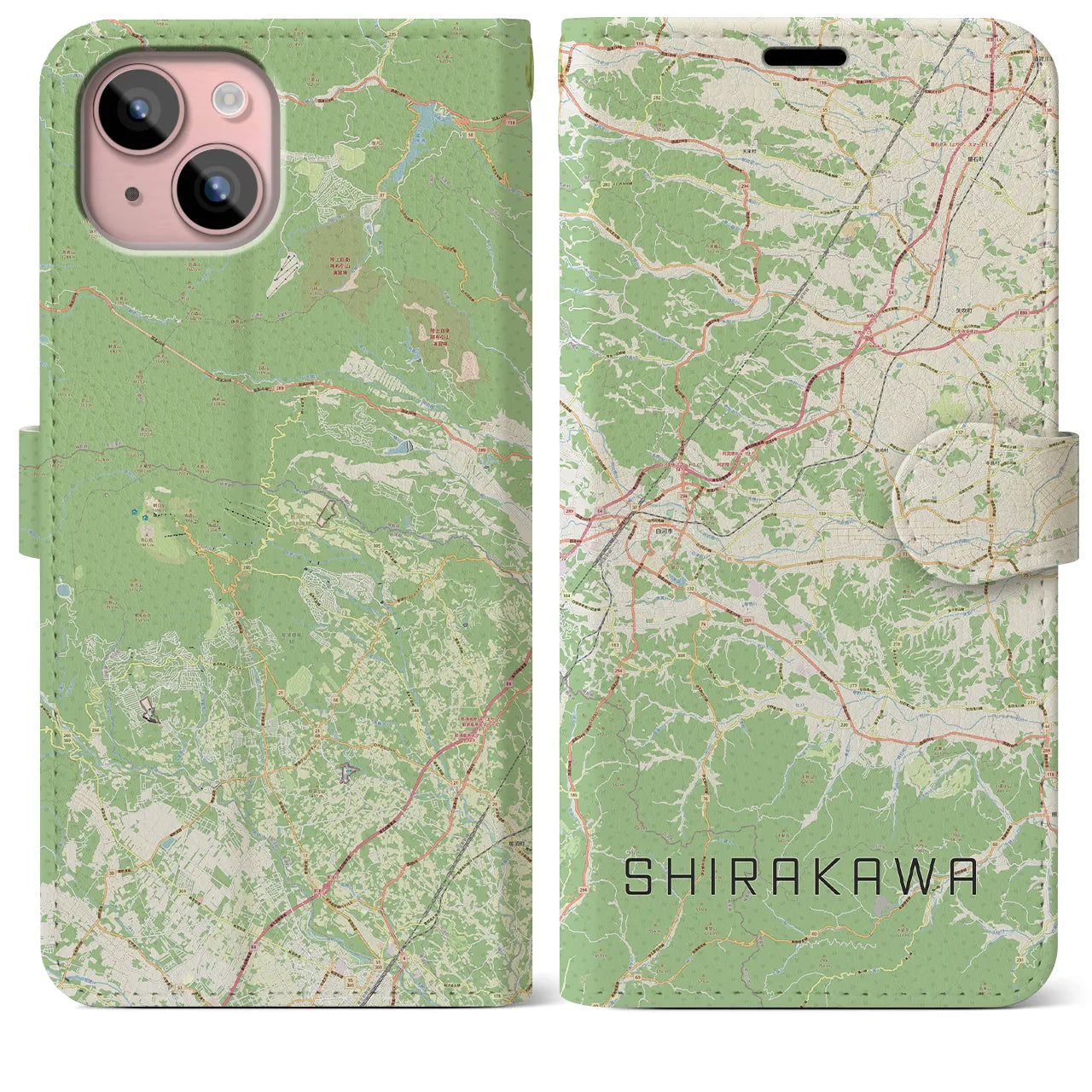 【白河(福島県)】地図柄iPhoneケース(手帳タイプ)ナチュラル・iPhone 15 Plus 用
