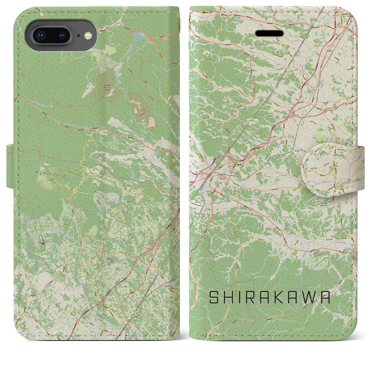 【白河(福島県)】地図柄iPhoneケース(手帳タイプ)ナチュラル・iPhone 8Plus /7Plus / 6sPlus / 6Plus 用