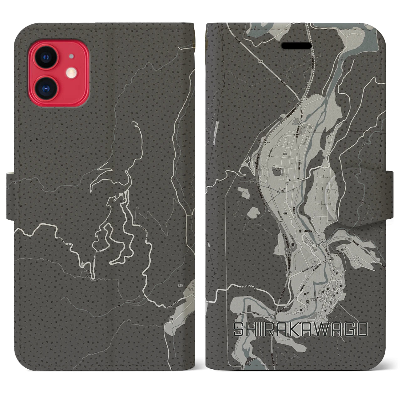 【白川郷(岐阜県)】地図柄iPhoneケース(手帳タイプ)モノトーン・iPhone 11 用