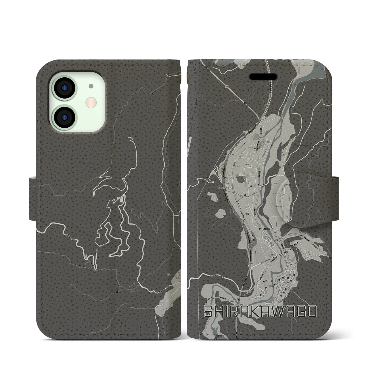 【白川郷(岐阜県)】地図柄iPhoneケース(手帳タイプ)モノトーン・iPhone 12 mini 用